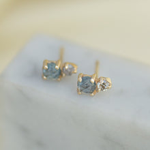 Load image into Gallery viewer, 14k-gold-blue-sapphire-and-diamond-studs
