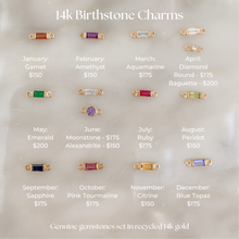 Load image into Gallery viewer, 14k birthstone charms with gemstones and prices on a light gray background