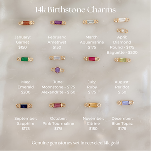 14k birthstone charms with gemstones and prices on a light gray background