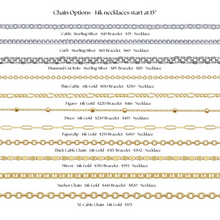 Load image into Gallery viewer, Chart displaying various chain options for necklaces and bracelets with chain types and prices.