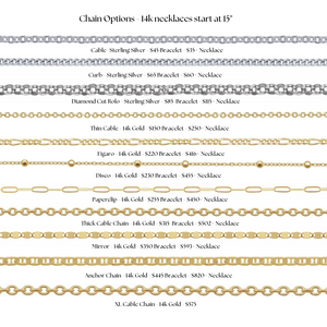 Chart displaying various chain options for necklaces and bracelets with chain types and prices.