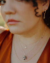 Load image into Gallery viewer, 14k-gold-hoops-with-sapphire-bar-dangles