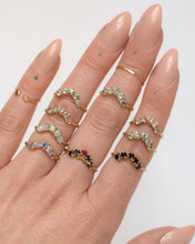 Load image into Gallery viewer, woman-wearing-stacked-sapphire-and-diamond-half-halo-bands