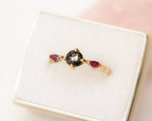 Load image into Gallery viewer, handmade-salt-and-pepper-diamond-and-ruby-ring-sustainable