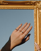 Load image into Gallery viewer, three-black-diamonds-offset-on-an-arched-band-of-recycled-14k-gold