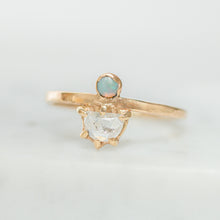 Load image into Gallery viewer, 14k gold engagement ring with a prong set rose cut diamond and bezel set opal