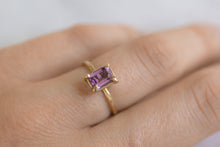 Load image into Gallery viewer, beautiful-reclaimed-ethical-amethyst-cocktail-ring-with-14k-gold-setting-and-band-on-finger