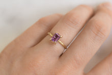 Load image into Gallery viewer, stunning-purple-amethyst-ring-in-gold-setting-and-band-on-finger