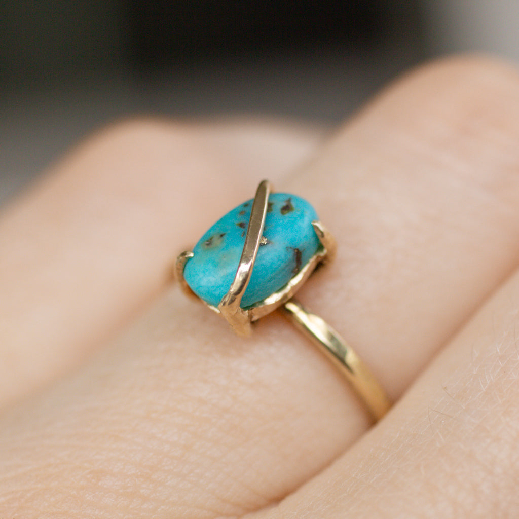 brilliant blue reclaimed turquoise caged in recycled 14k gold band