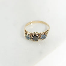 Load image into Gallery viewer, Crown Setting Vintage Ring with Black Diamond and Two Blue Sapphires