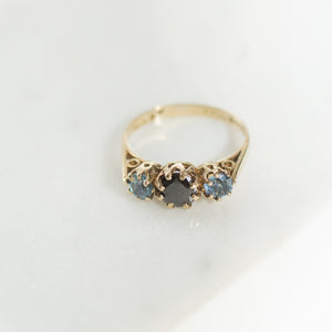 Crown Setting Vintage Ring with Black Diamond and Two Blue Sapphires